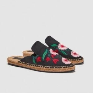 Zara Black Satin Floral Embroidered Espadrilles Size 38